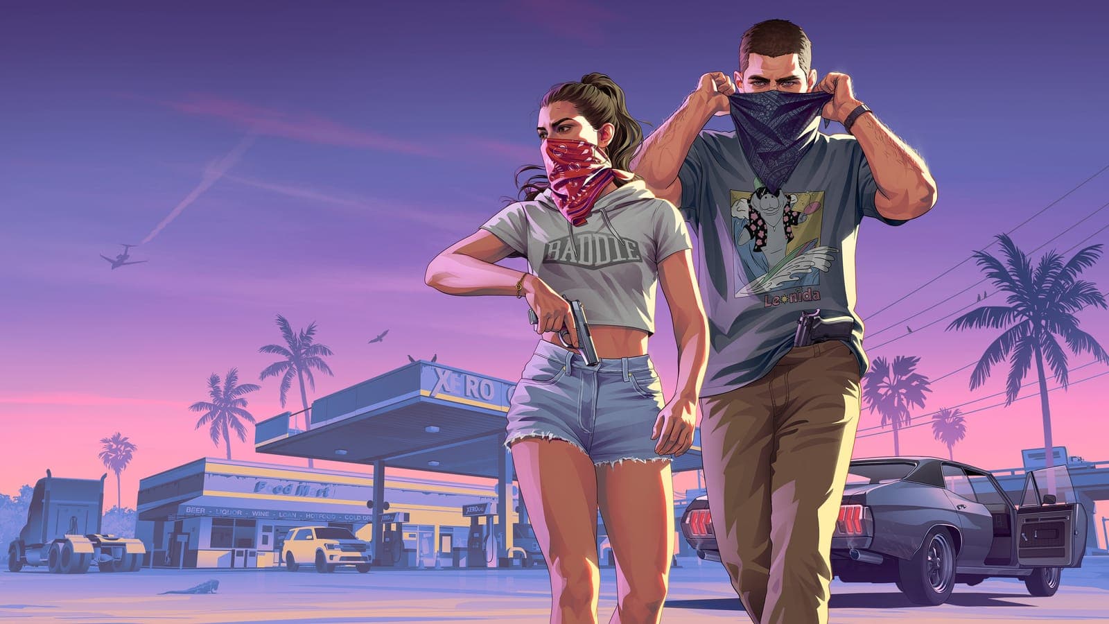 Jason and Lucia at a gas station, official GTA 6 artwork